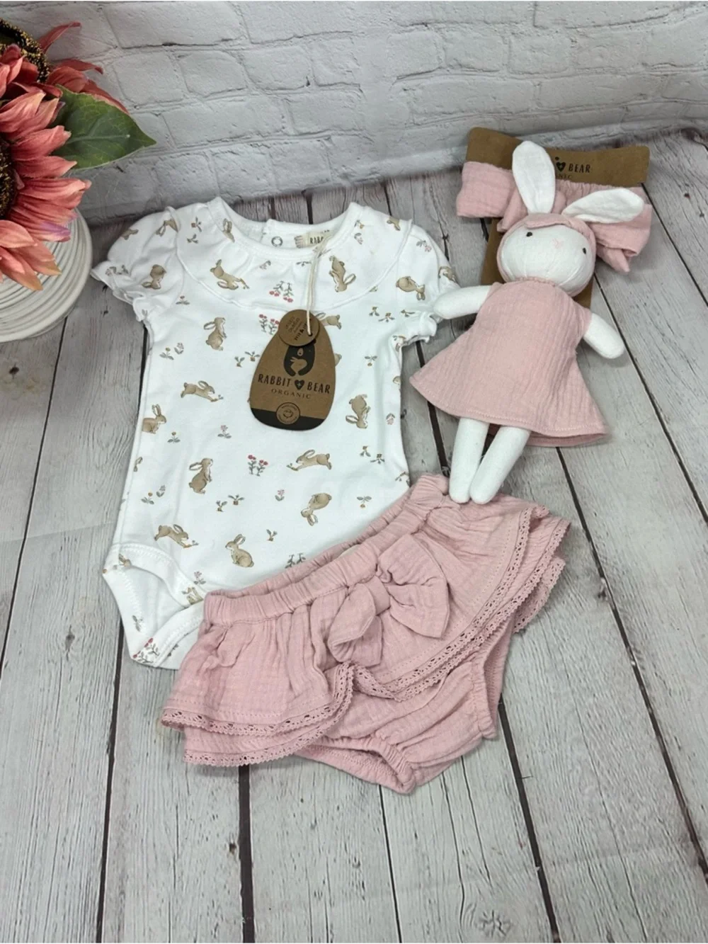 NWT Rabbit & Bear 4pc Set bodysuit bottoms headband & bunny doll cottagecore